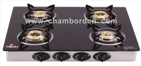 Cooking Appliance 4 Brass Burner Glass Mirror Finish Black Gas Stove